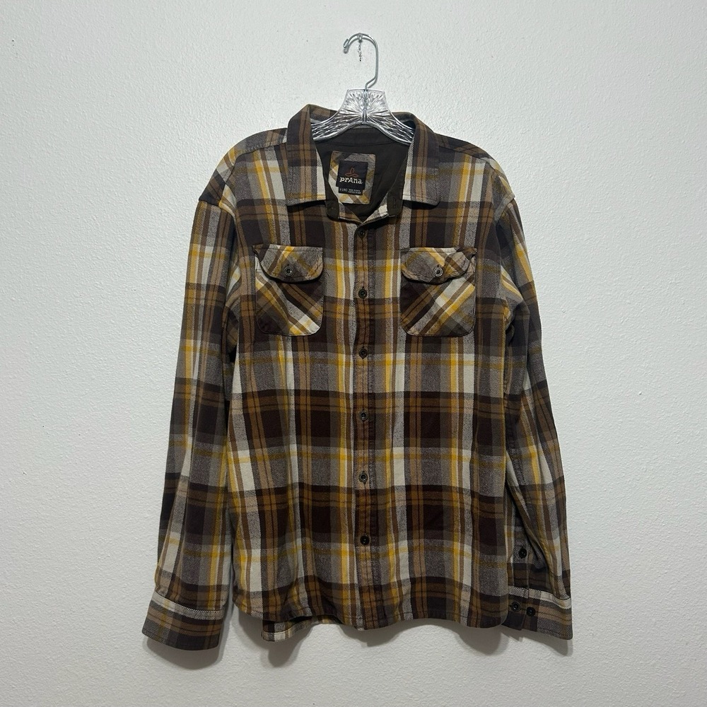 Prana Brown Plaid Organic Cotton Flannel Long Sleeve Button Up Shirt Men Size XL
